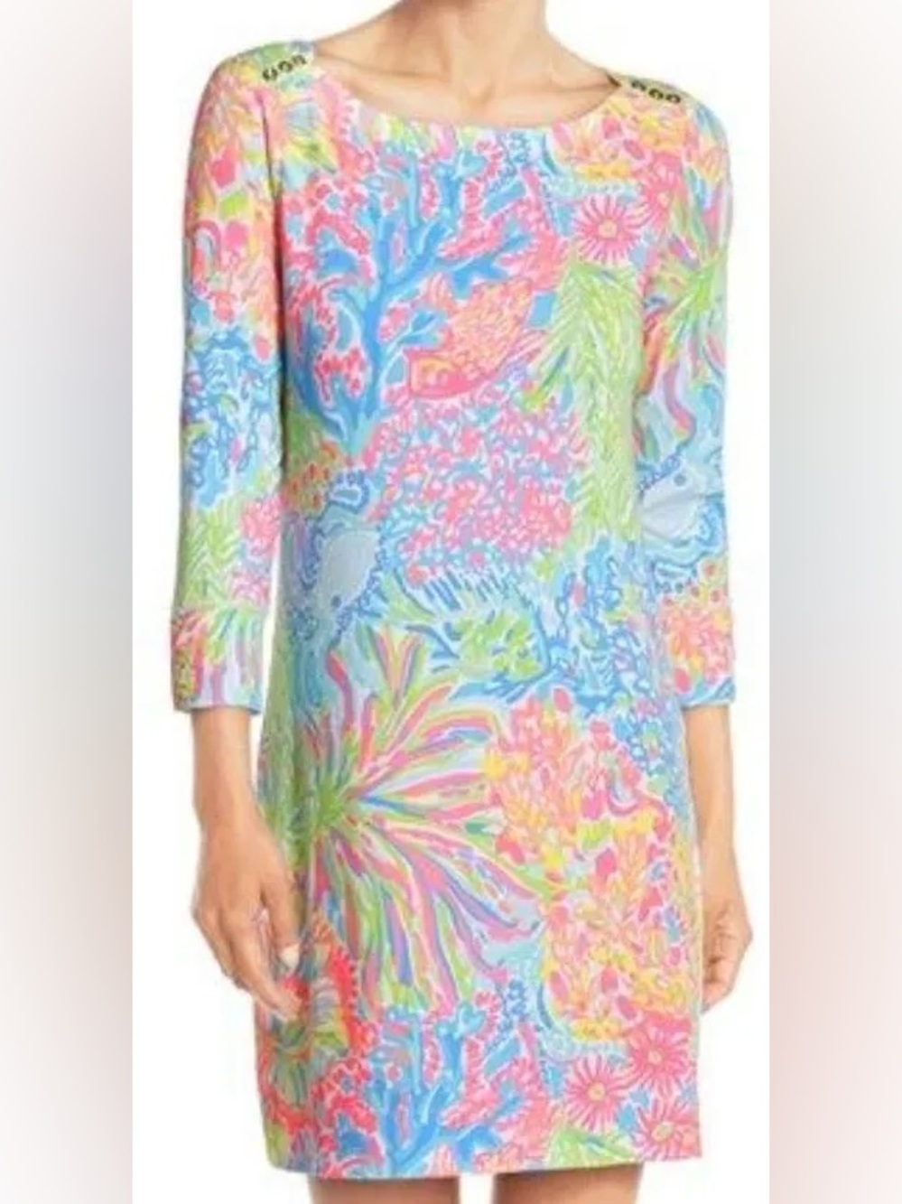 Lilly Pulitzer Multicolor Pink Blue Green Coral Boatneck Sophie Dress, Size M